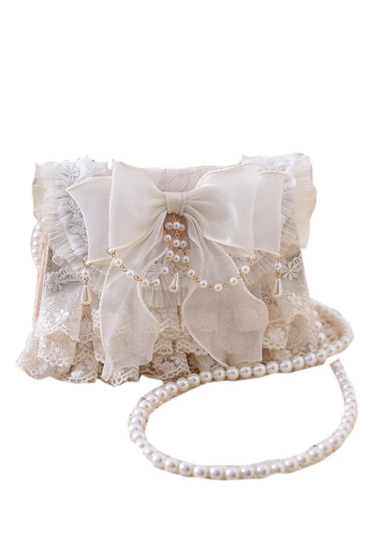 Ivory Bowknot Lace Pearl Chain Sweet Elegant Princess Lolita Crossbody Bag - Ivory - 1