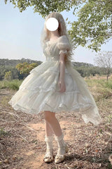 Ivory Square Collar Short Sleeves High Waisted Multi-layer Ruffle Sweet Plus Size Lolita Dress - Product - 4