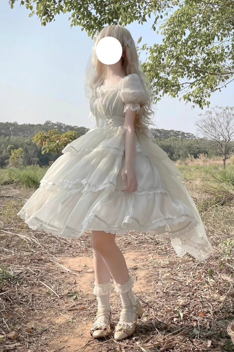 Ivory Square Collar Short Sleeves High Waisted Multi-layer Ruffle Sweet Plus Size Lolita Dress - Product - 4