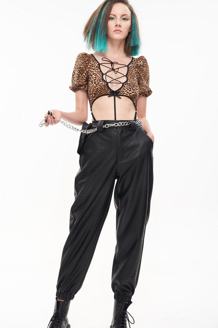 Black Gothic Crocodile Pattern Metal Chain Design Lantern Leather Women's Pants - Product - 9