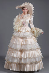 Champagne Hime Sleeves High Waisted Ruffled Multi-Layer Victorian Lolita Prom Tiered Dress - Product - 3