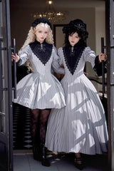 Light Grey [Nocturne] Vertical Stripes Print Ruffle Bowknot Lace Gothic Lolita Dress 2 Versions - Product - 13