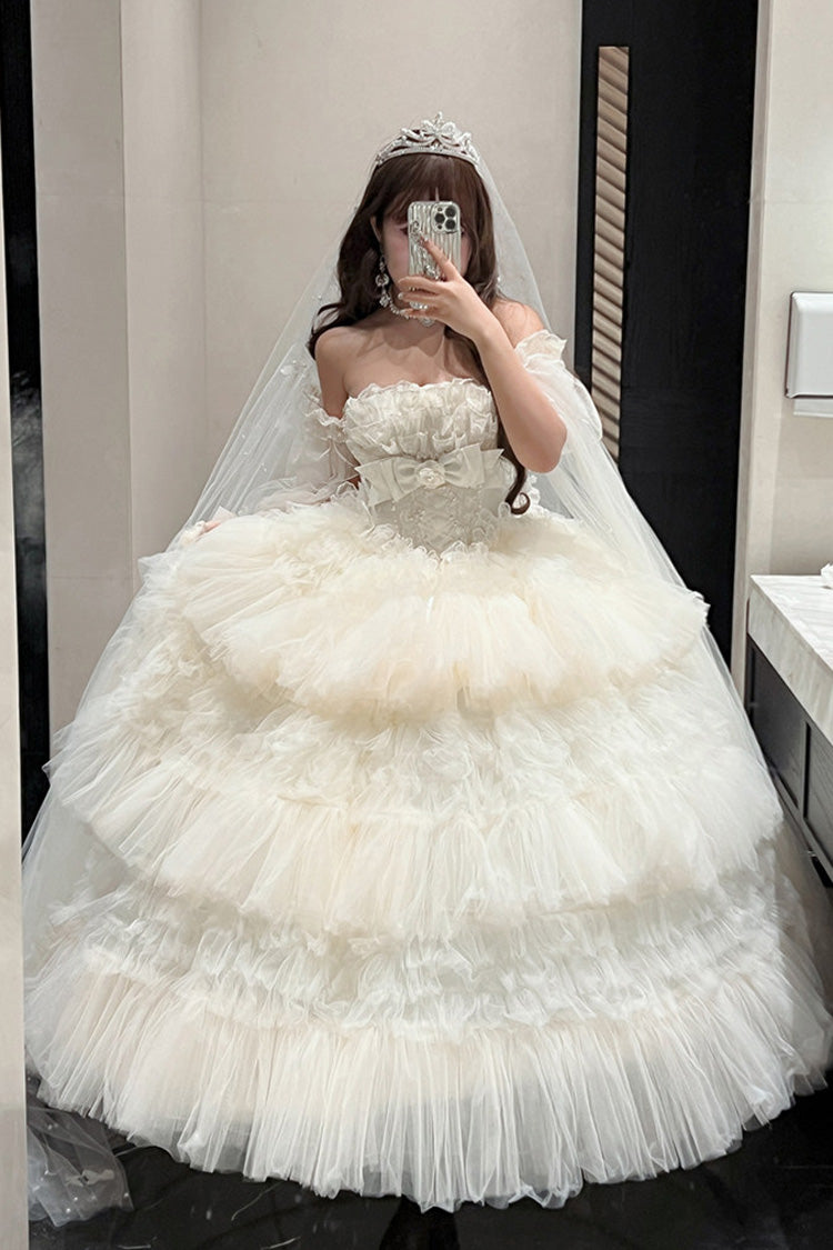 White [Maiden’s Love] Off Shoulder Triple-Layered Ruffled Hanayome Bow Lace Sweet Princess Lolita Dress - Product - 11