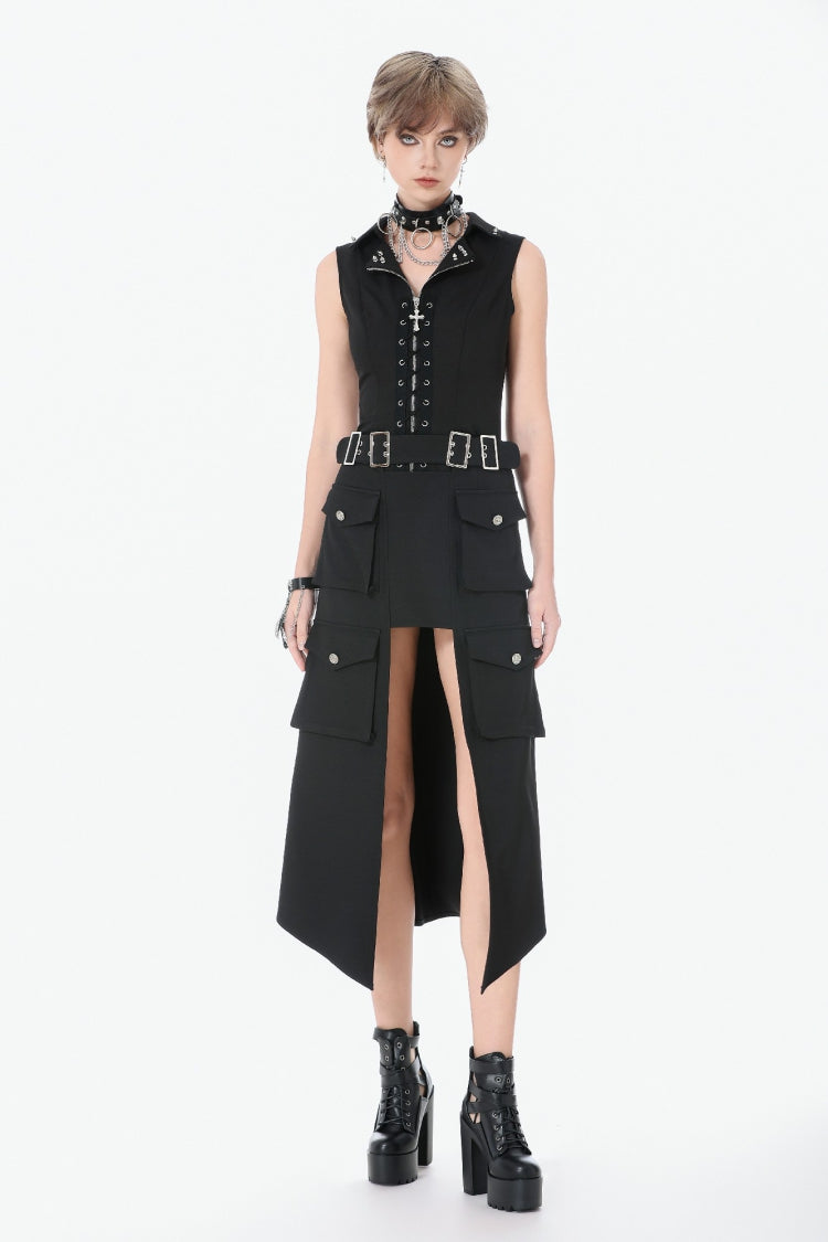 Black Lapel Collar Sleeveless Lace-Up Studded Zippered Eyelet Women's Punk Vest - Product - 6