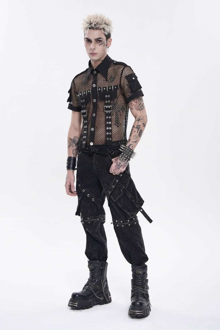 Black Lapel Collar Short Sleeves Cut-Out Spliced Sheer Mesh Studded Eyelet Men's Punk Small Pockets Cool Shirt - Product - 5