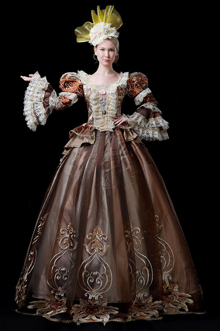 Coffee Multi-Layer Trumpet Sleeves High Waisted Three Dimensional Flower Embroidery Print Victorian Lolita Prom Dress - Product - 2