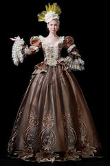 Coffee Multi-Layer Trumpet Sleeves High Waisted Three Dimensional Flower Embroidery Print Victorian Lolita Prom Dress - Product - 2