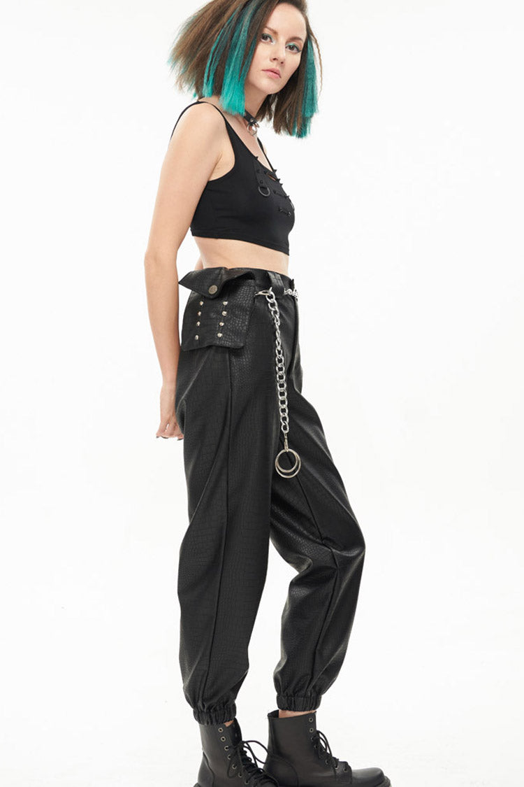 Black Gothic Crocodile Pattern Metal Chain Design Lantern Leather Women's Pants - Product - 11