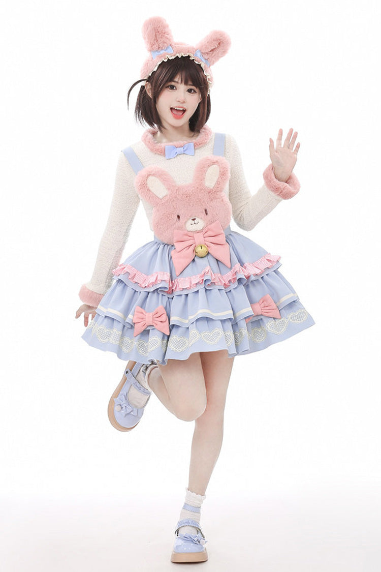 [Bunny Transformation] Detachable Bunny Cake Sleeveless Triple-Layered Ruffled Bow Sweet Strap Dress 2 Colors - Product - 4