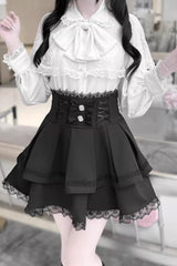 [Dark Moon Shadow] Long Sleeves Double-Layered Ruffled Embroidered Bow Lace-Up Gothic Jirai Kei Lolita Top + Skirt Set - Black-Skirt(Only) - 11