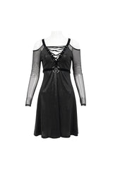 Black Stretch Knit Patchwork Fine Mesh V Neck Cross Tie Metal Pentagram Buckle Strap Women's Punk Dress - Product - 8