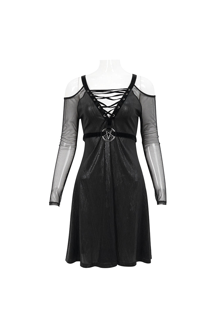 Black Stretch Knit Patchwork Fine Mesh V Neck Cross Tie Metal Pentagram Buckle Strap Women's Punk Dress - Product - 8