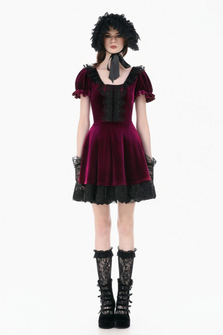 Wine Red Square Collar Short Puff Sleeves Velvet Patchwork Lace Lace-Up Women's Gothic Dress - Product - 5