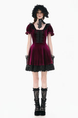 Wine Red Square Collar Short Puff Sleeves Velvet Patchwork Lace Lace-Up Women's Gothic Dress - Product - 5