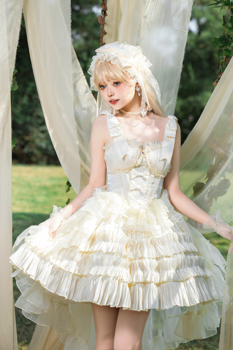 Apricot [Cream Cake] Sleeveless Multi-Layered Ruffle Bowknot Sweet Princess Lolita Jsk Dress Set - Apricot - 1