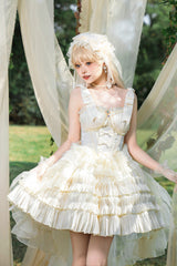 Apricot [Cream Cake] Sleeveless Multi-Layered Ruffle Bowknot Sweet Princess Lolita Jsk Dress Set - Apricot - 1