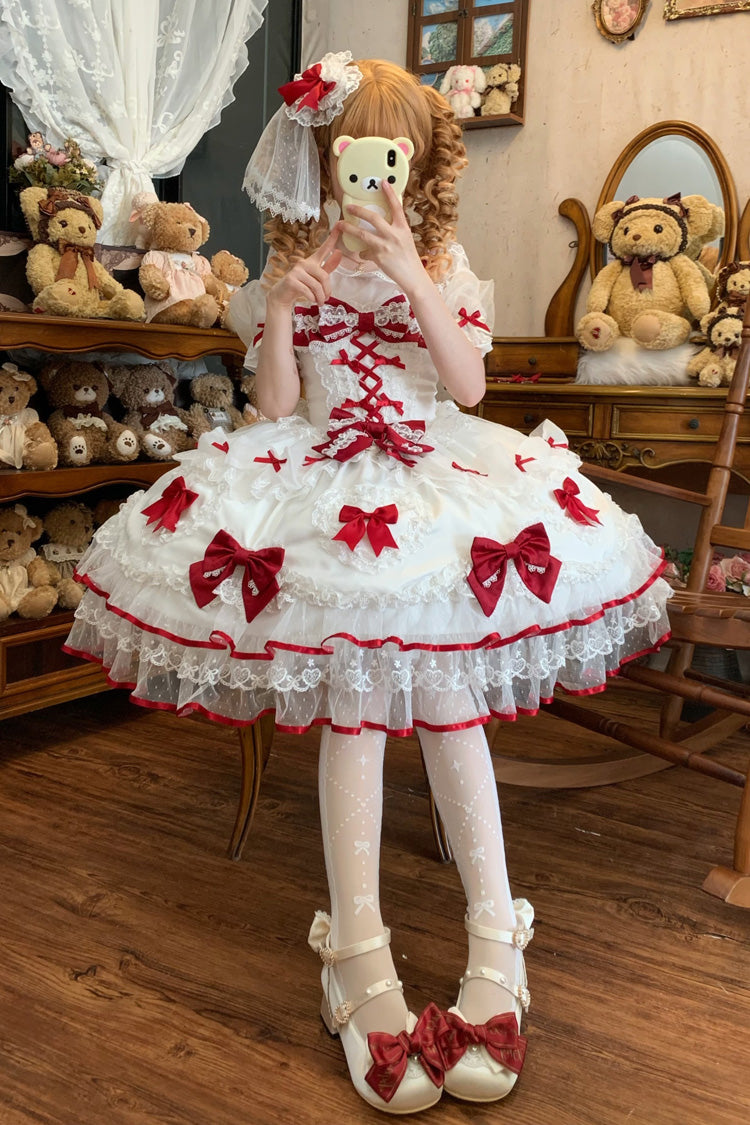 White/Red [Sweetheart] Sleeveless Multi-Layered Embroidered Bow Lace Lace-Up Sweet Lolita Jsk Dress - Product - 2