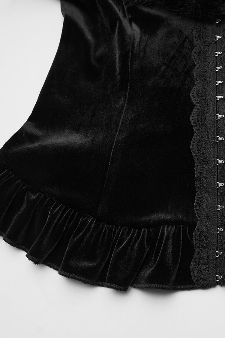 Black V Collar Long Sleeves Faux Fur Spliced Lace-Up Women's Gothic Cardigan - Product - 6