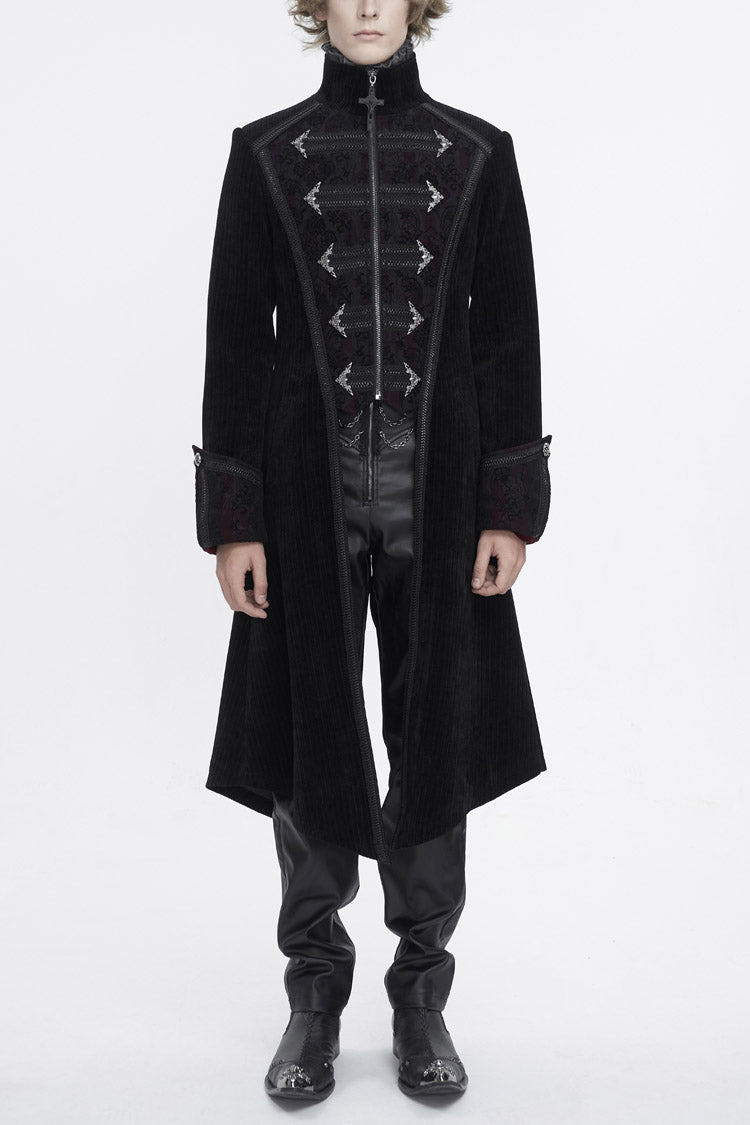 Black Stand Collar Long Sleeves Embroidery Slim Men's Gothic Coat - Black - 1