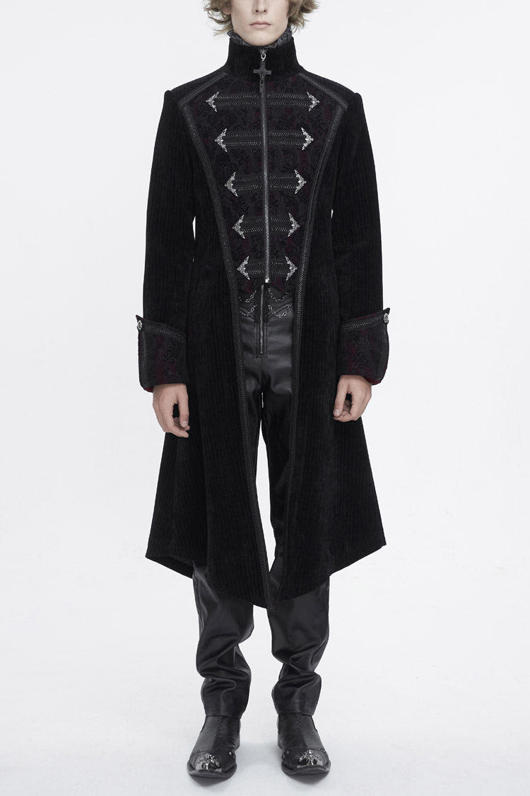Black Stand Collar Long Sleeves Embroidery Slim Men's Gothic Coat - Black - 1