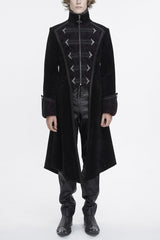 Black Stand Collar Long Sleeves Embroidery Slim Men's Gothic Coat - Black - 1