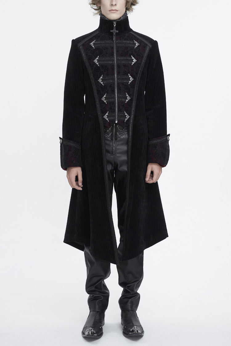 Black Stand Collar Long Sleeves Embroidery Slim Men's Gothic Coat - Black - 1