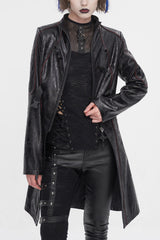 Black Double Buckle Faux Leather Long Women's Punk Coat - Black - 1