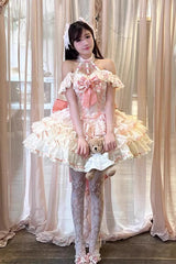 Pink [Flower Language of Eros] Halterneck Multi-Layered Ruffle Bowknot Rose Lace Lace-Up Sweet Ballet Lolita Jsk Dress - Product - 7