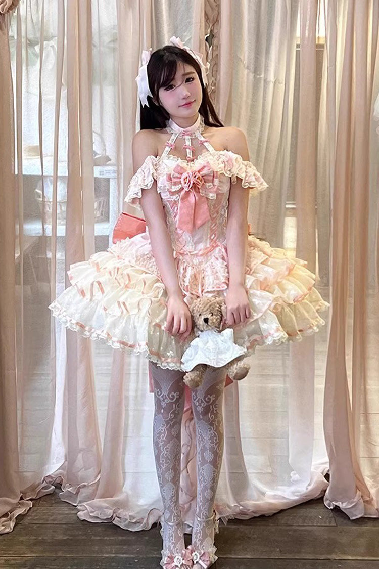 Pink [Flower Language of Eros] Halterneck Multi-Layered Ruffle Bowknot Rose Lace Lace-Up Sweet Ballet Lolita Jsk Dress - Product - 7