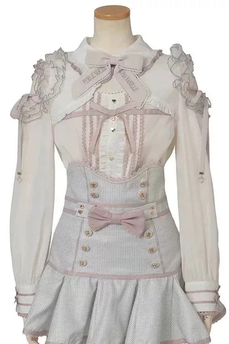 Sweet Lapel Collar Off Shoulder Long Sleeves High Waisted Printed Bow Lolita Skirt Blouse Set - Pink(Set) - 1