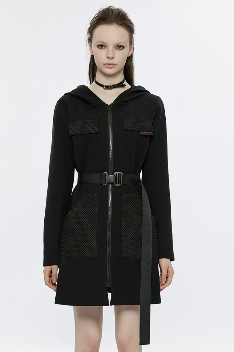 Black Long Sleeves Buckle Belt Hooded Women's Punk Dress - Black - 1