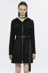 Black Long Sleeves Buckle Belt Hooded Women's Punk Dress - Black - 1