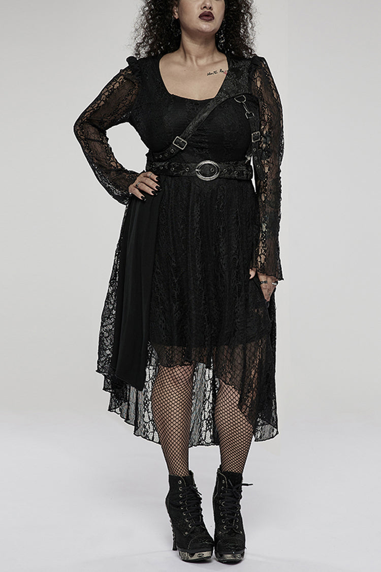 Black Elasticity Modal Cotton Fabric Patchwork Lace Metal Buckle Belt Long Hem Long Sleeve Women's Plus Size Gothic Dress - Black - 1