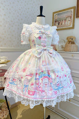Yellow [Cute Rabbit Sweet Cake] Print Ruffle Bowknot Lace Sweet Lolita Jsk Dress - Product - 2