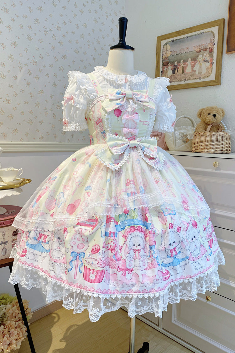 Yellow [Cute Rabbit Sweet Cake] Print Ruffle Bowknot Lace Sweet Lolita Jsk Dress - Product - 2