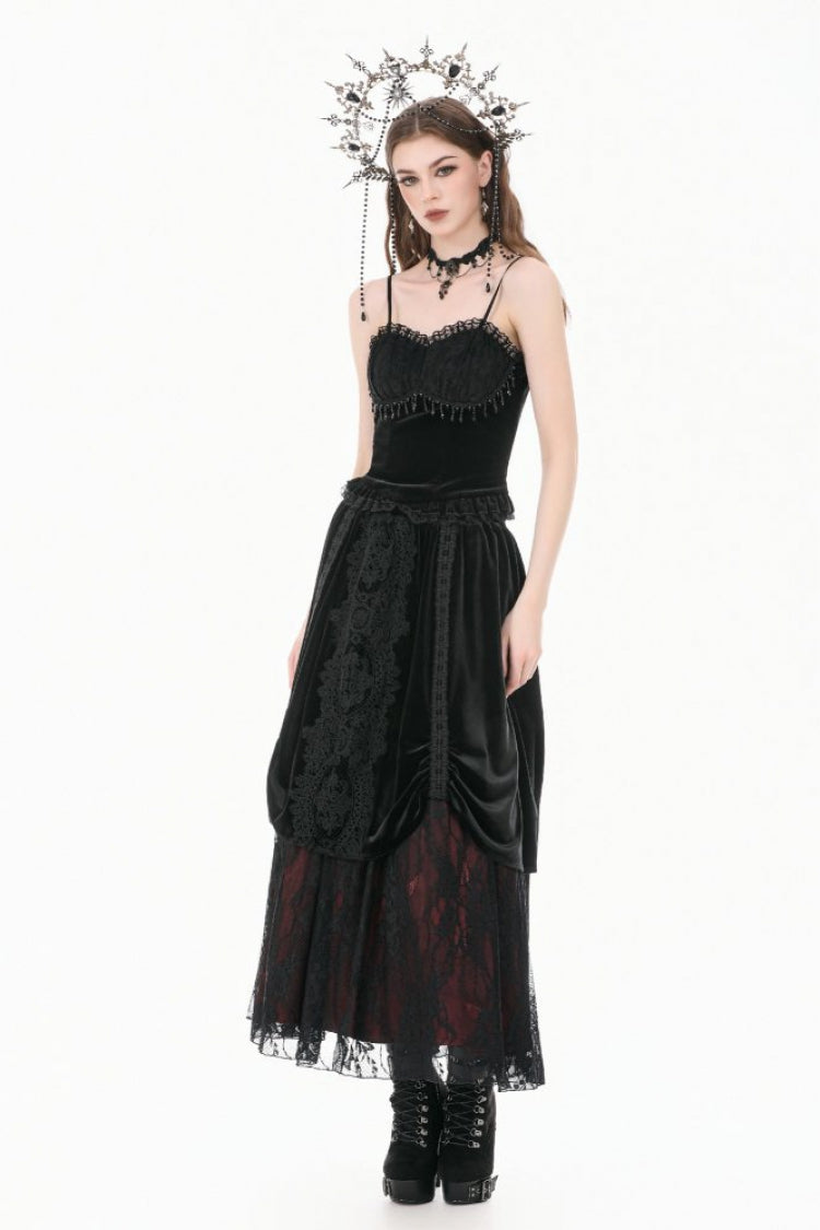 Black Lace Mesh Patchwork Velvet Women's Gothic Vintage Bustier with Beaded Tassel Drops - Product - 6