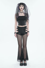 Black Stretch Knit Panel Mesh Cutout Flare Women's Gothic Trousers - Product - 5