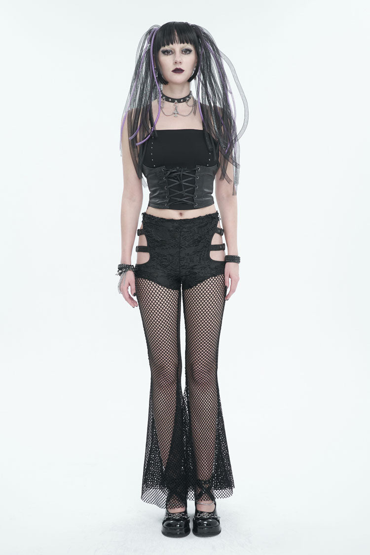 Black Stretch Knit Panel Mesh Cutout Flare Women's Gothic Trousers - Product - 5