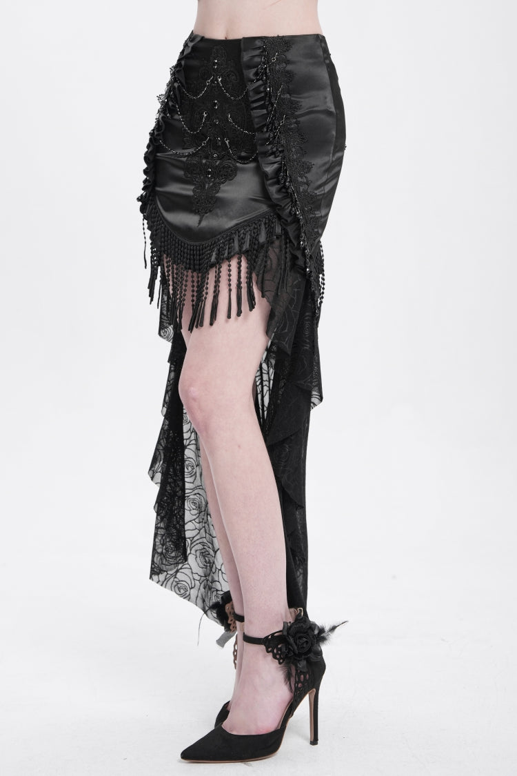 Black Embroidery Stitching Lace Mesh Women's Gothic Skirt With Train - Product - 12