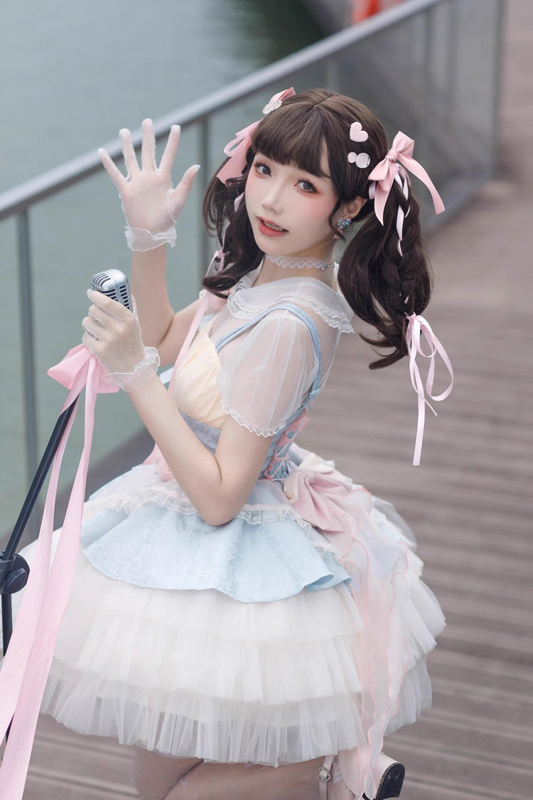Blue/Pink Rose Peach Wine Sleeveless Multi-layer Ballet Style Sweet Lolita Jsk Dress - Product - 6