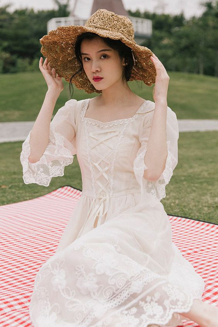 White Lantern Half Sleeves Lace Floral Embroidery Print Sweet Lolita Op Dress - Product - 5