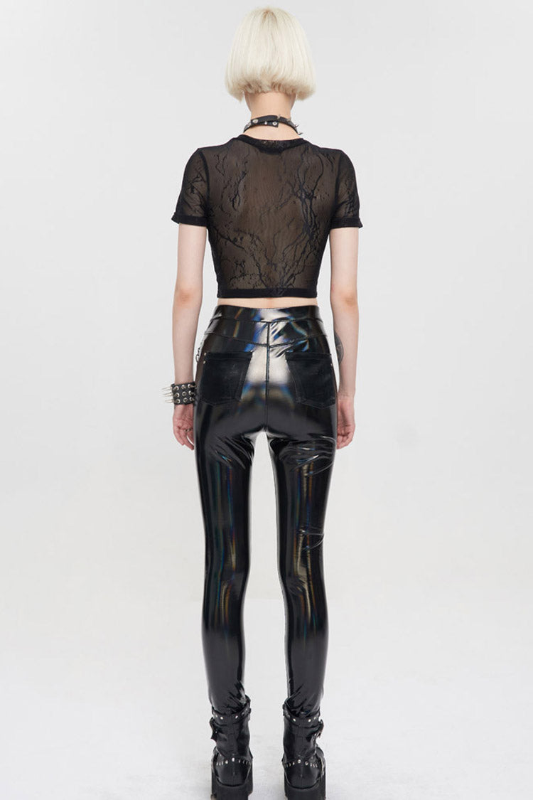 Black Punk Short Sleeve Mesh-Paneled Matte Leather Crew Neck Women's T-Shirt - Product - 10