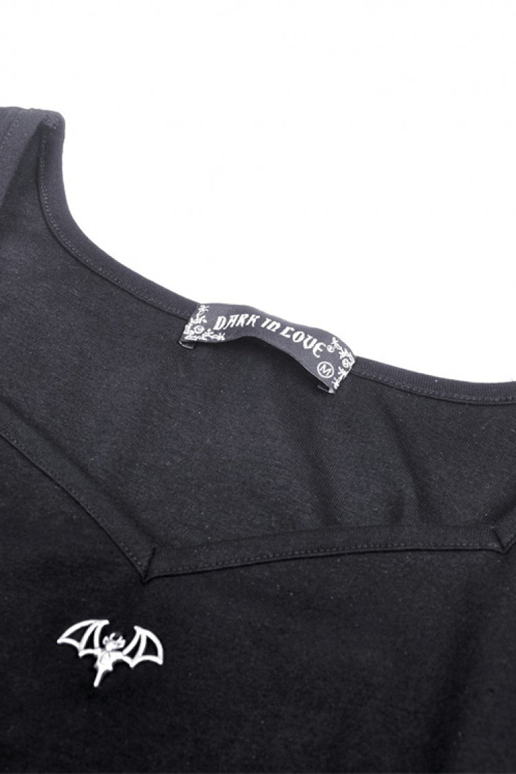 Black Long Sleeves Irregular Strappy Bat Women's Punk Crop Top - Product - 14