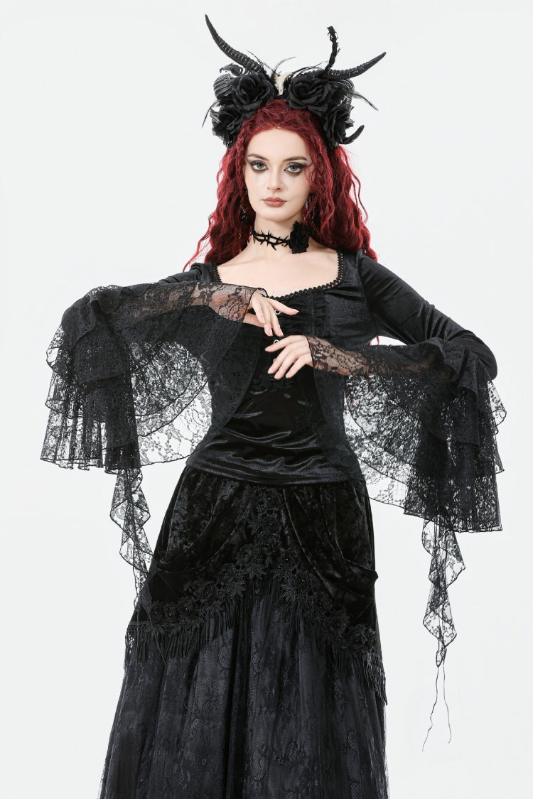 Black Square Collar Multi-Layered Lace Long Flared Sleeves Women's Gothic Palace Velvet Top - Product - 5