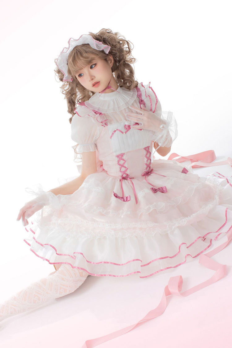 Pink Multi-layer Ruffle Bowknot Lace-Up Ballet Style Sweet Princess Lolita Tiered Dress - Product - 6