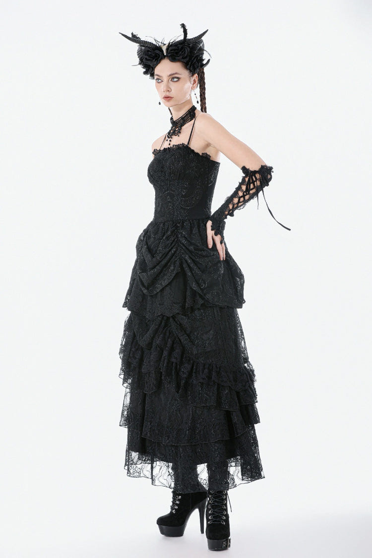 Black Sleeveless Multi-Layered Embroidered Women's Gothic Peplum Court Slip Dress - Product - 12