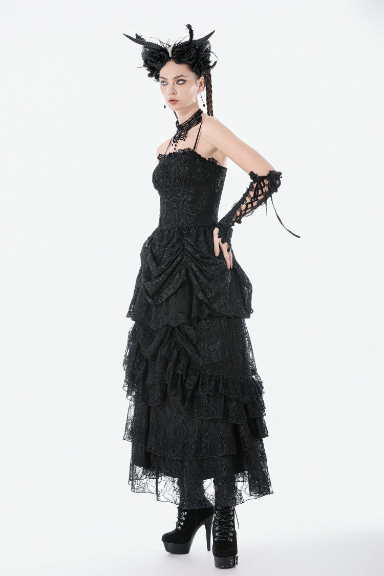 Black Sleeveless Multi-Layered Embroidered Women's Gothic Peplum Court Slip Dress - Product - 12