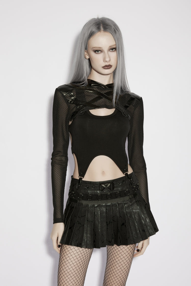 Black Hooded Sheer Mesh Eyelet Women's Punk Handsome Cloak - Product - 7