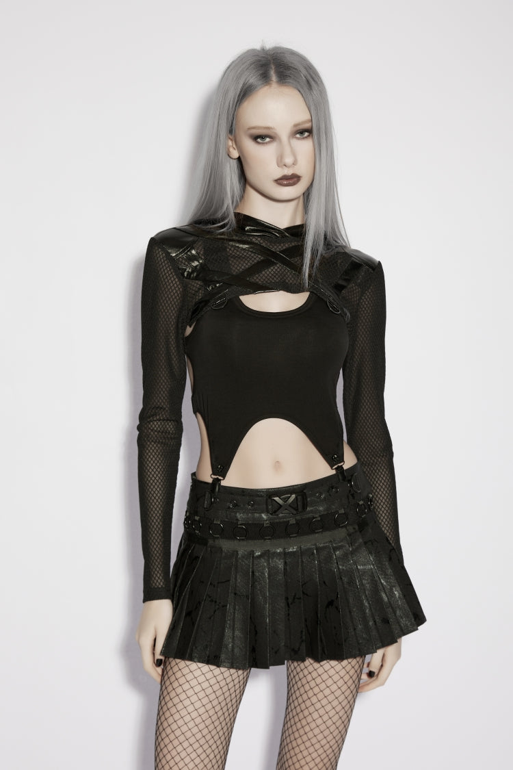 Black Hooded Sheer Mesh Eyelet Women's Punk Handsome Cloak - Product - 7