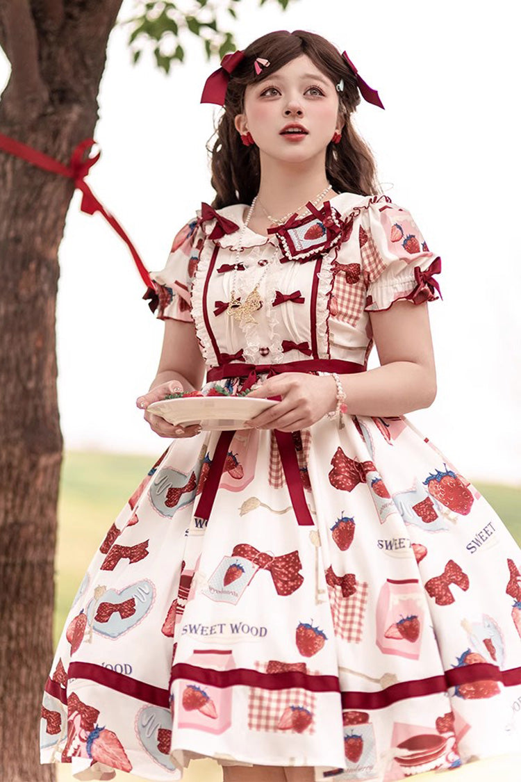 Multi-Color Strawberry Bowknot Print Short Sleeves Short Version Sweet (Dress Only) detail view 2